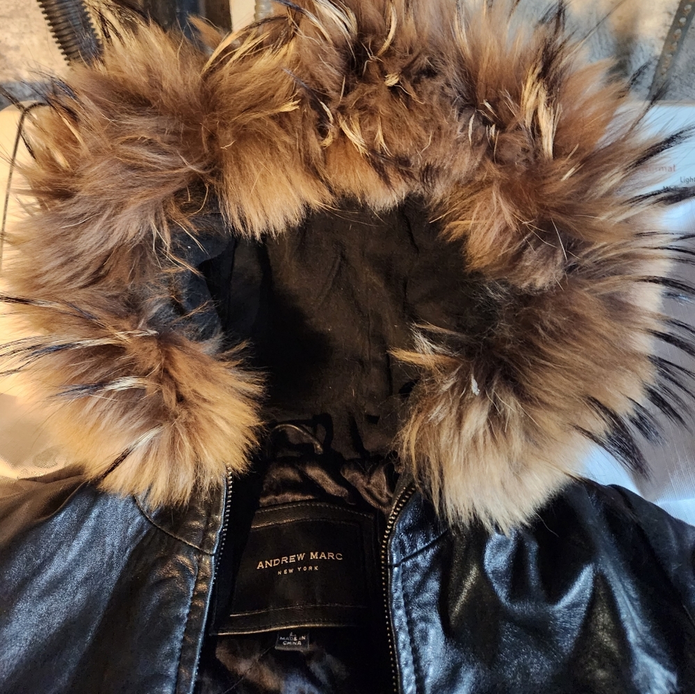 Andrew Marc New York Leather Fur Hood Jacket Size L